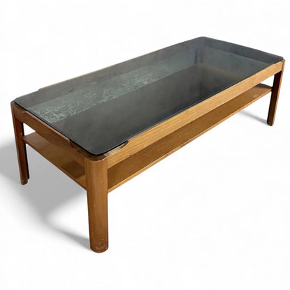 Vintage Teak Coffee Table - Mid Century Modern Smoked Glass Table With Shelf