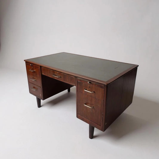 Mid Century Modern Leather-Top Wood Office Desk | Vintage Executive Desk with Sliding Inserts