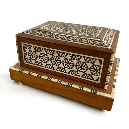 Mid Century Modern Mother of Pearl Mosaic Carved Wood Musical Cigarette Dispenser Box