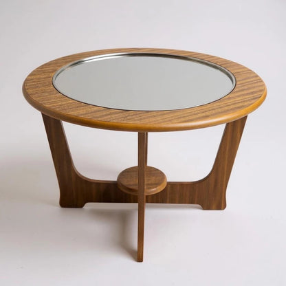 Mid Century Modern Teak and Smoked Glass Round Coffee Table