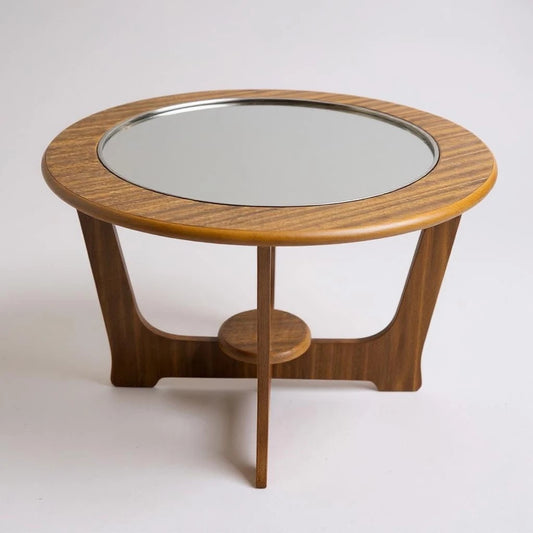 Mid Century Modern Teak and Smoked Glass Round Coffee Table