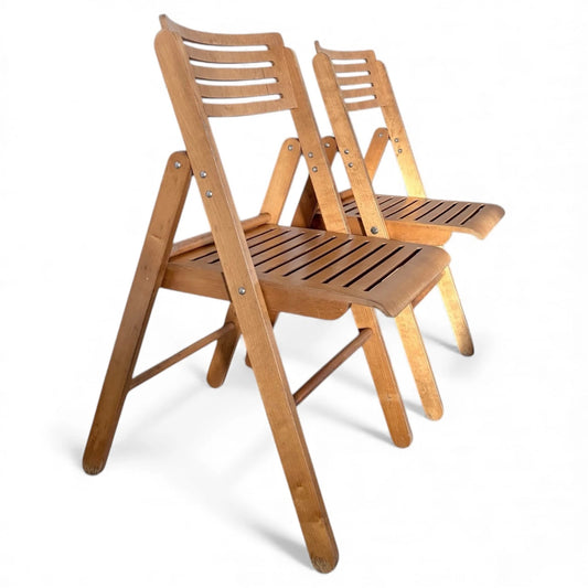 Blonde Beech Folding Chairs – Vintage Scandinavian Modern Slatted Seat Design