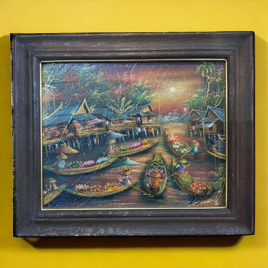 Vintage 1950s Thai Village Oil Painting Framed