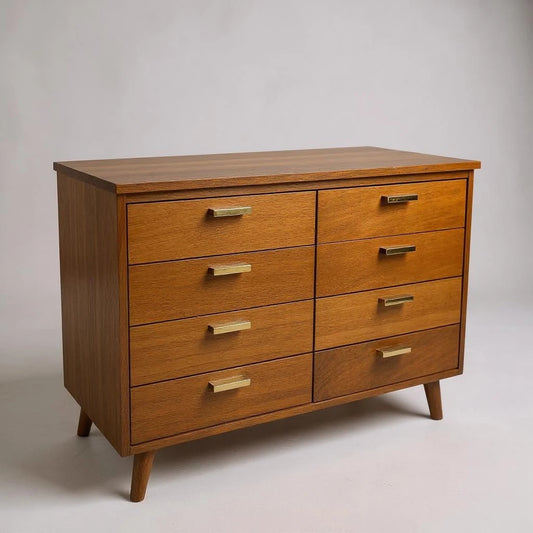 Mid Century Teak and Oak Chest of Drawers – Vintage 1960s Dresser – Brass Handles