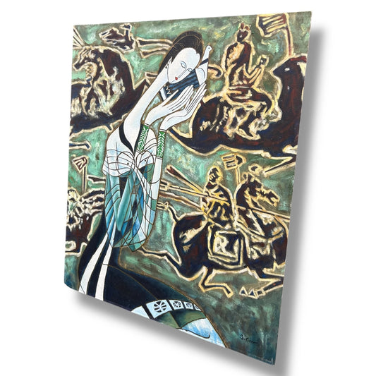 Vintage 90s Mystical Chinese Oil Painting on Canvas