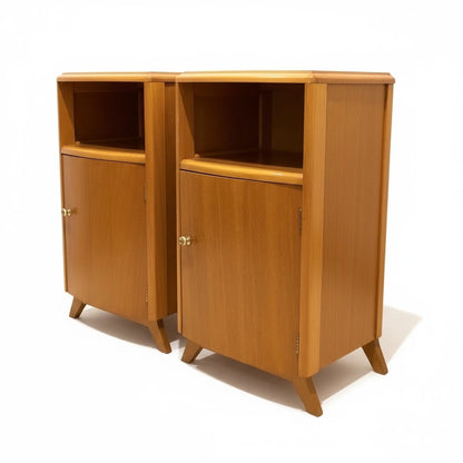 Mid Century Bedside Cabinets – Compact Oak Nightstands with Cupboard Storage Pair