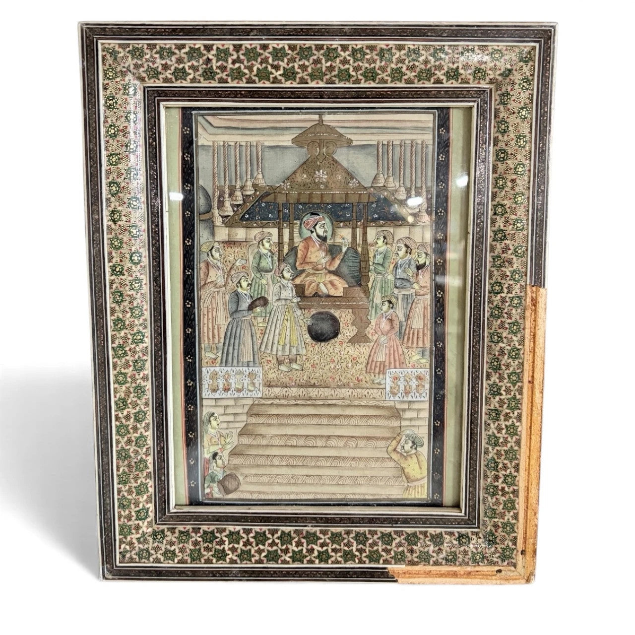 Framed Islamic Manuscript Miniature – Persian Court Scene in Khatam Marquetry Frame