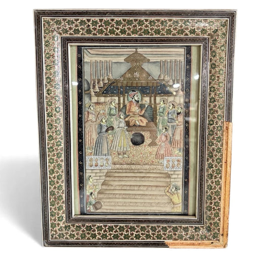 Framed Islamic Manuscript Miniature – Persian Court Scene in Khatam Marquetry Frame