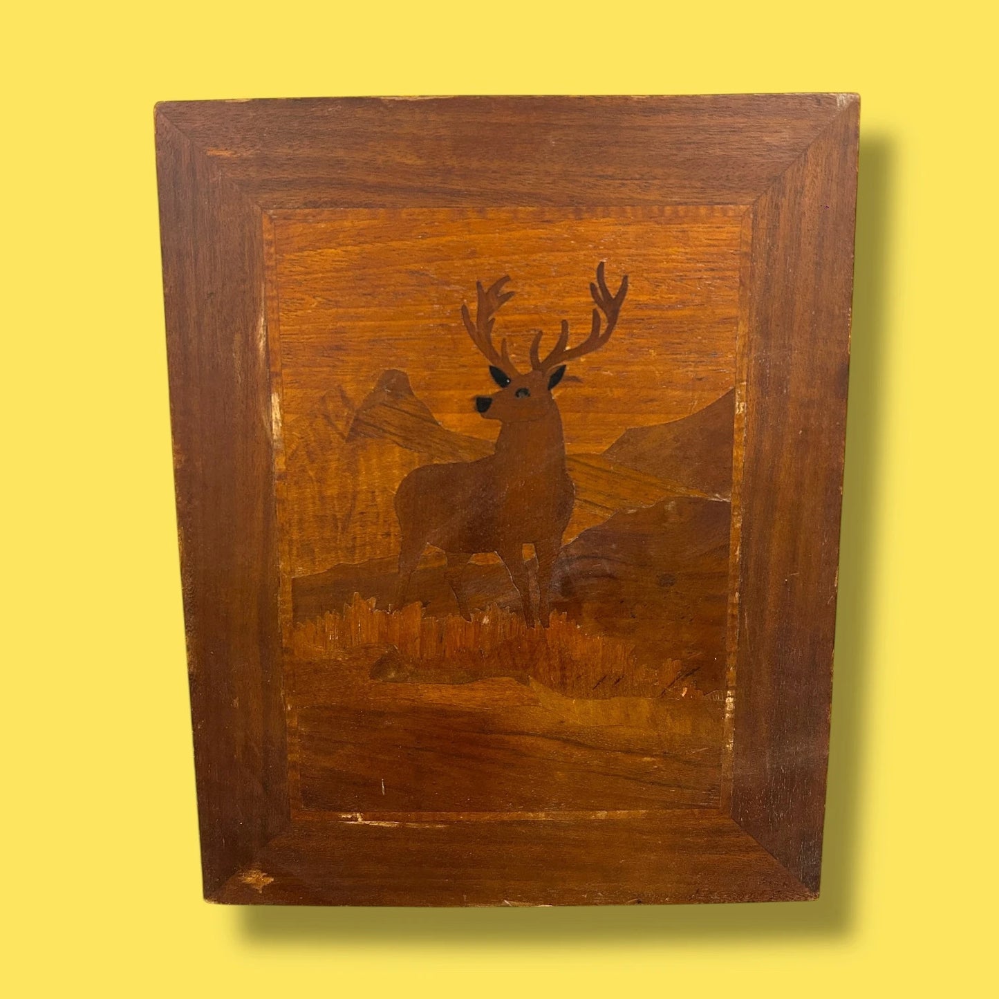 Mid Century Wood Marquetry Stag Picture Frame
