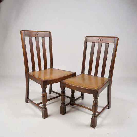 Pair of Vintage Oak Dining Chairs Yellow Leatherette Seats