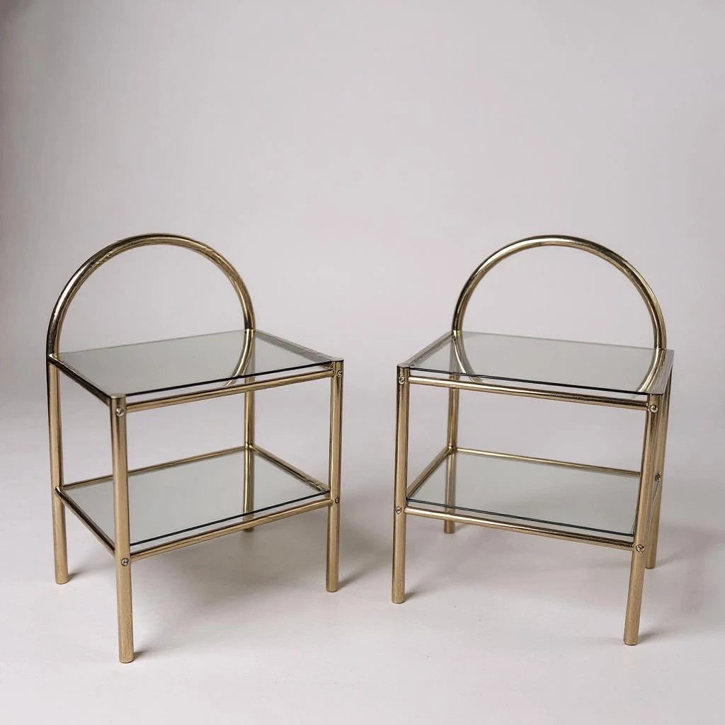 Mid Century Brass Gold and Smoked Glass Bedside Tables