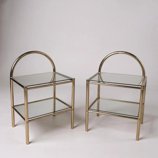 Mid Century Brass Gold and Smoked Glass Bedside Tables
