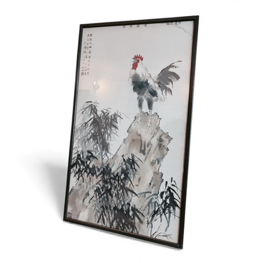 Framed Oriental Rooster Painting – Vintage Ink Wash Art on Silk