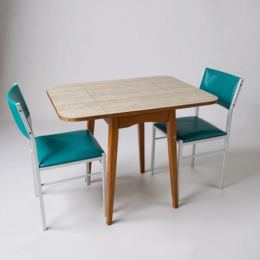 Vintage White Formica Drop Leaf Table with Blue Vinyl Chrome Chairs – Retro Kitchen Dining Set