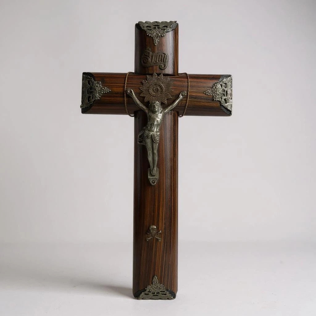 Vintage 1960s Dutch Carved Wood Crucifix | Brass Jesus Christ Wall Cross