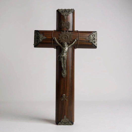 Vintage 1960s Dutch Carved Wood Crucifix | Brass Jesus Christ Wall Cross