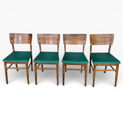 Vintage Oak Dining Chairs - Set of Four Solid Oak Chairs with Green Upholstered Seats