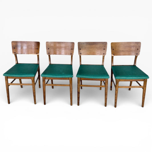 Vintage Oak Dining Chairs - Set of Four Solid Oak Chairs with Green Upholstered Seats