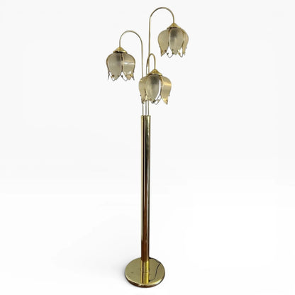 Art Deco Floor Lamp – Hollywood Regency Brass Lotus Lamp with Sculptural Glass Shades