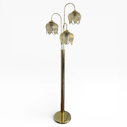 Art Deco Floor Lamp – Hollywood Regency Brass Lotus Lamp with Sculptural Glass Shades