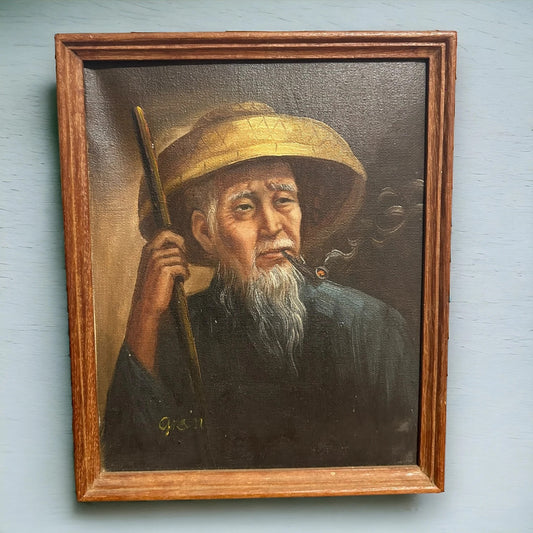 Vintage 1970s Chinese Wise Old Man Art Oil Painting