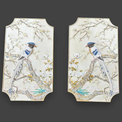 Vintage 1980s Floral Birds Wall Plaques