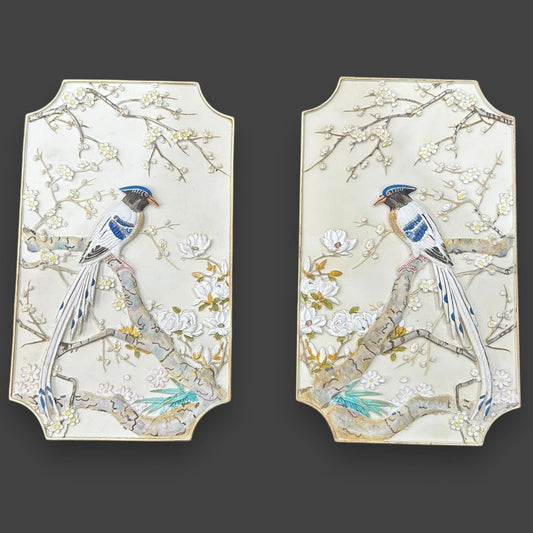 Vintage 1980s Floral Birds Wall Plaques