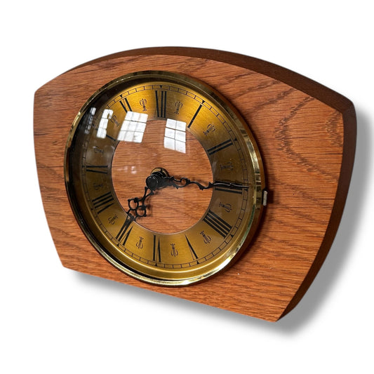 Mid Century Modern Teak Wood and Brass Curved Table Clock