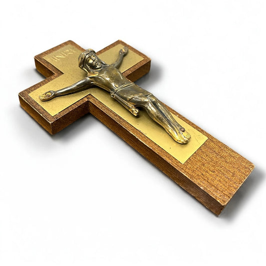 Mid Century Teak and Brass Jesus Crucifix