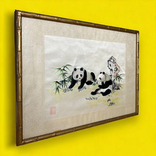 Vintage 1960s Chinese Pandas Silk Tapestry
