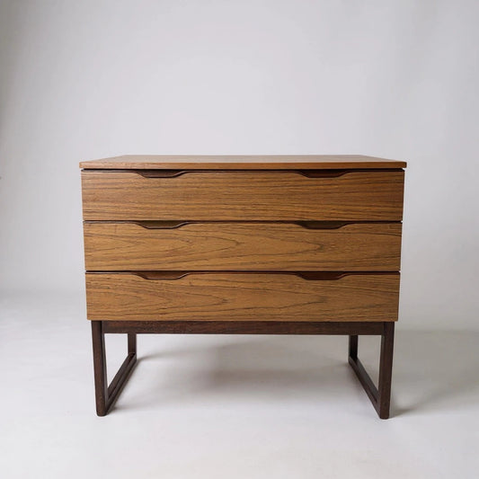 Mid Century Modern Europa Teak Chest of Drawers – 3 Wide Drawers on Sleigh Base