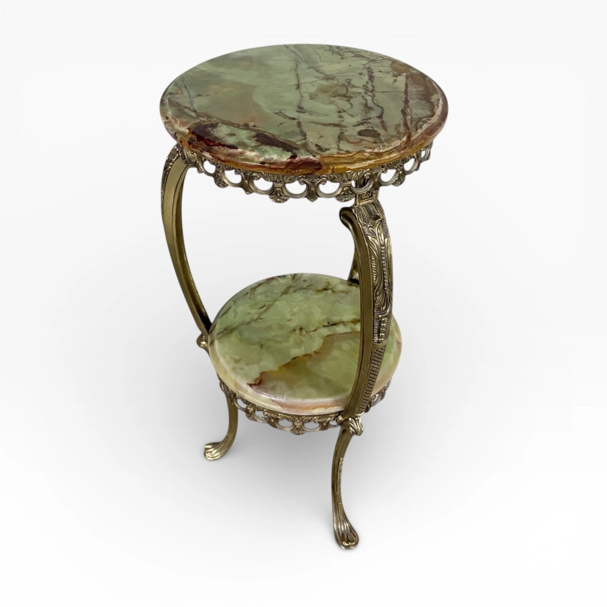 Vintage Onyx Plant Stand – Two Tier Green Onyx Shelves | Ornate Brass Frame