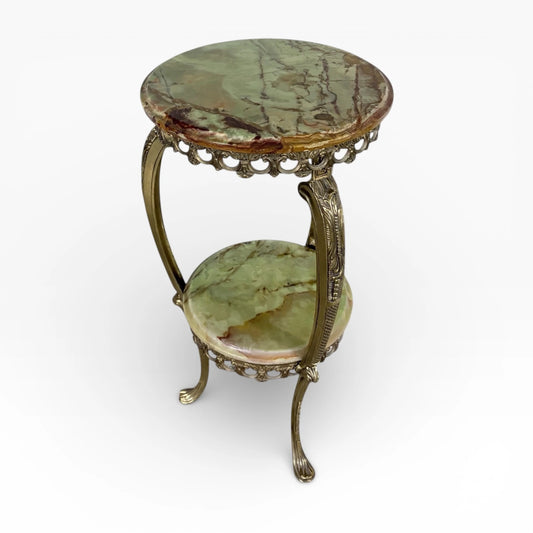 Vintage Onyx Plant Stand – Two Tier Green Onyx Shelves | Ornate Brass Frame