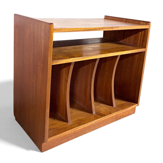 Teak Vinyl Storage Cabinet – Mid Century Media Cabinet with Dividers & Open Shelf