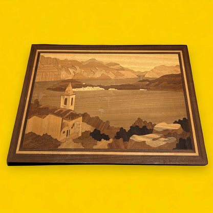 Mid century wood marquetry landscape picture