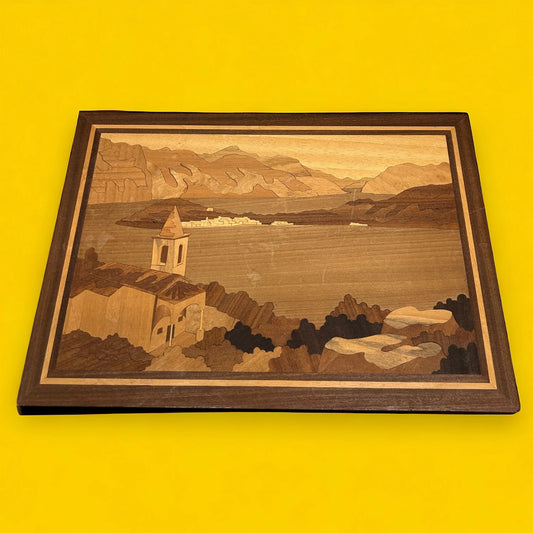 Mid century wood marquetry landscape picture