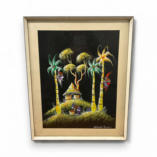 Vintage 1980s African Art Oil Pastels Painting