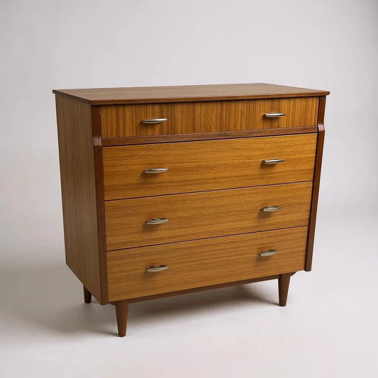 Mid-Century Teak Chest of Drawers – Vintage 1960s Tallboy Dresser with 4 Drawers