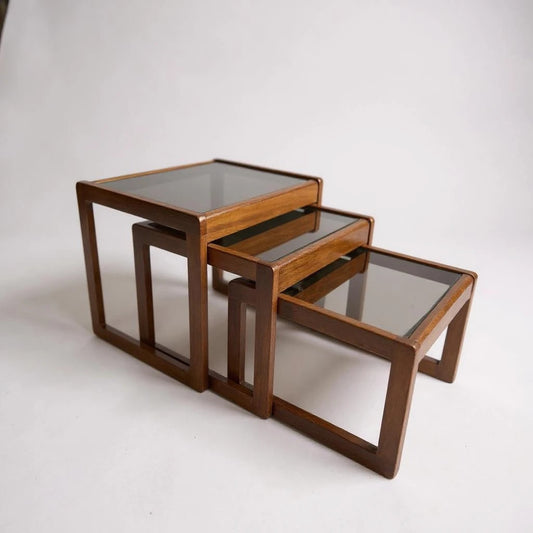 Mid Century Danish Teak & Smoked Glass Nesting Tables