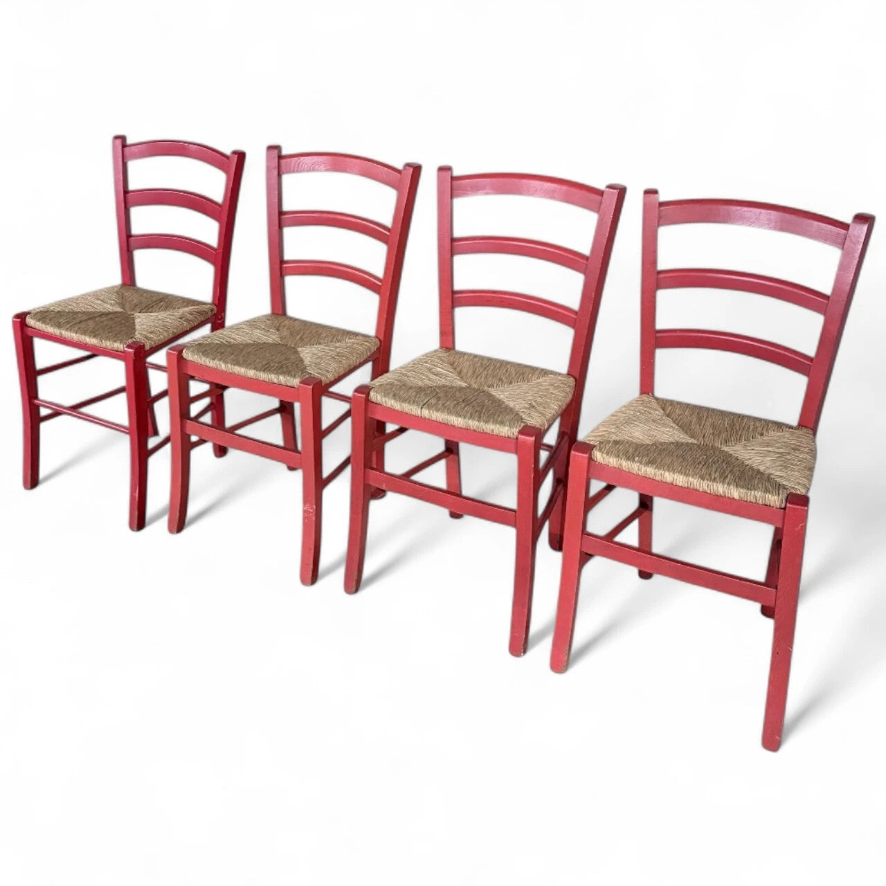 Set of Four Italian Red Oak Ladderback Chairs with Rush Seats