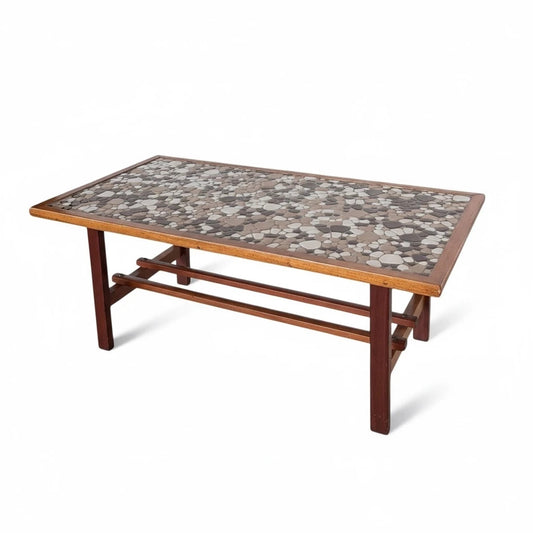 Mid-Century Coffee Table – Teak Wood & Pebble Tile, Durable Heat Resistant Surface