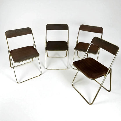 Set of 4 Vintage Mid Century Brass Folding Chairs – Brown Upholstered Dining Chairs