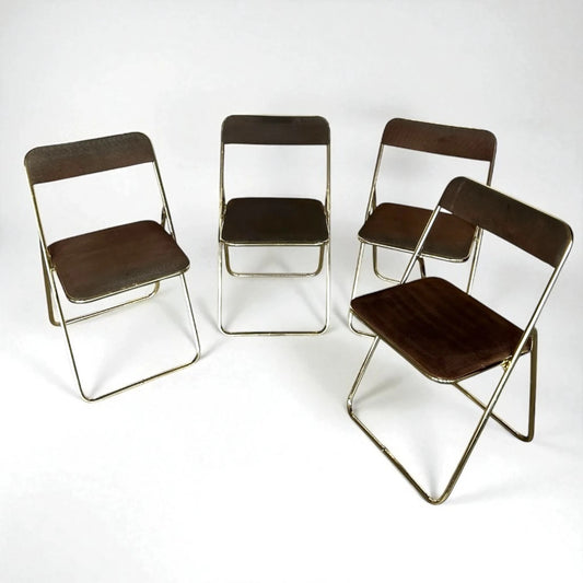 Set of 4 Vintage Mid Century Brass Folding Chairs – Brown Upholstered Dining Chairs
