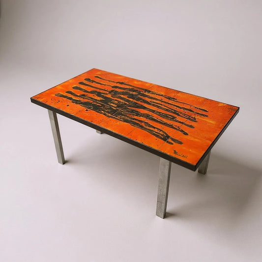 Mid-Century Belarti Coffee Table – Vintage Orange & Black Tile Top with Chrome Legs