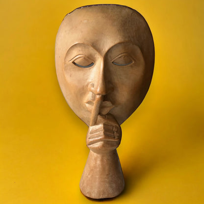 Vintage 1980s Mask of Silence Wood Sculpture