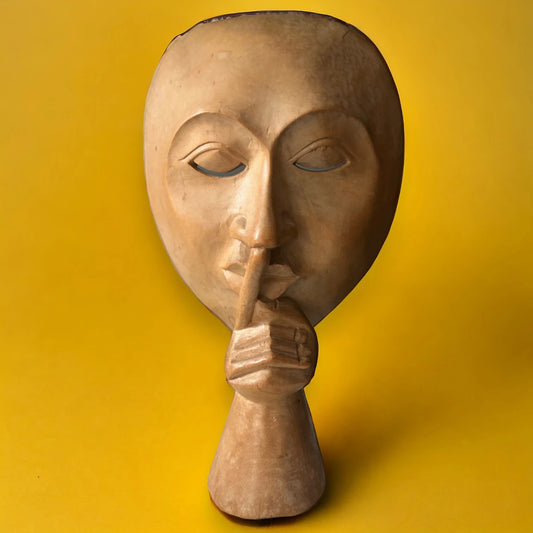 Vintage 1980s Mask of Silence Wood Sculpture