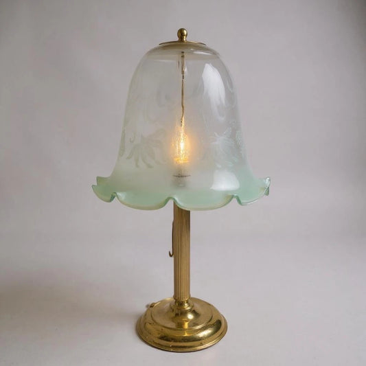 Mid-Century Vaseline Glass Bell Lamp Shade with Brass Base