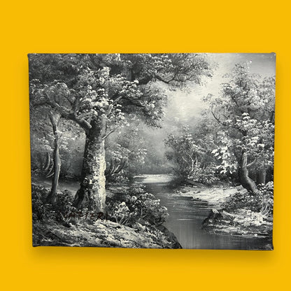 Mid Century Black and White Nature Oil Painting