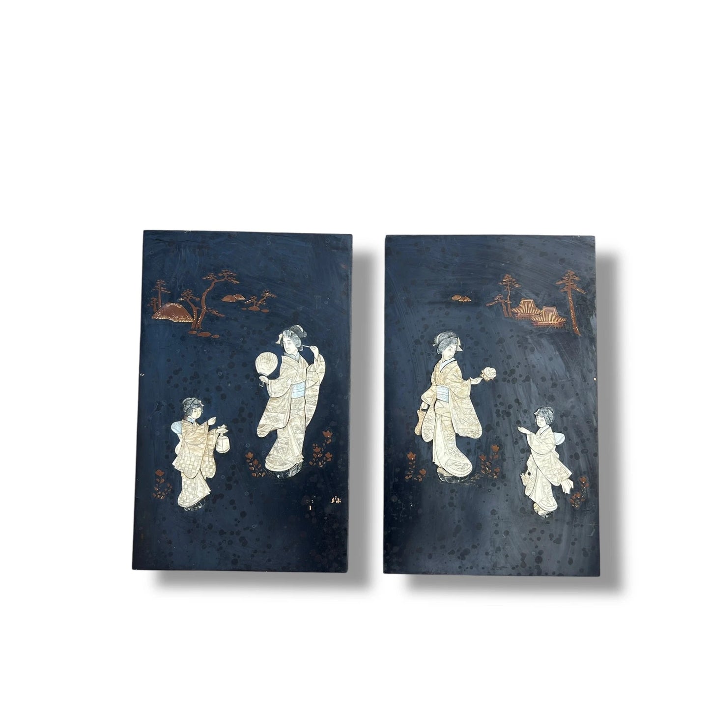 Vintage 1930s Chinese Mother of Pearl Inlay Panels | Antique Hand-Carved Wood Wall Art