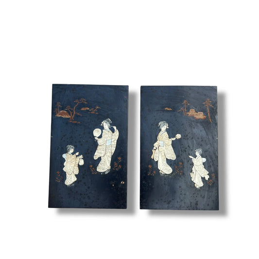 Vintage 1930s Chinese Mother of Pearl Inlay Panels | Antique Hand-Carved Wood Wall Art